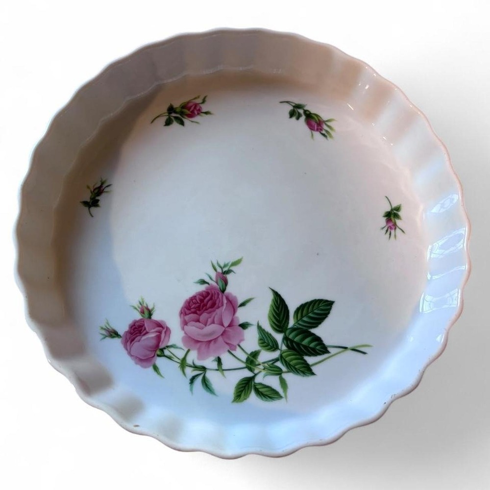 Vintage Christineholm Rose Quiche Pan Tart Dish Porcelain Fluted 9.5" Pink White